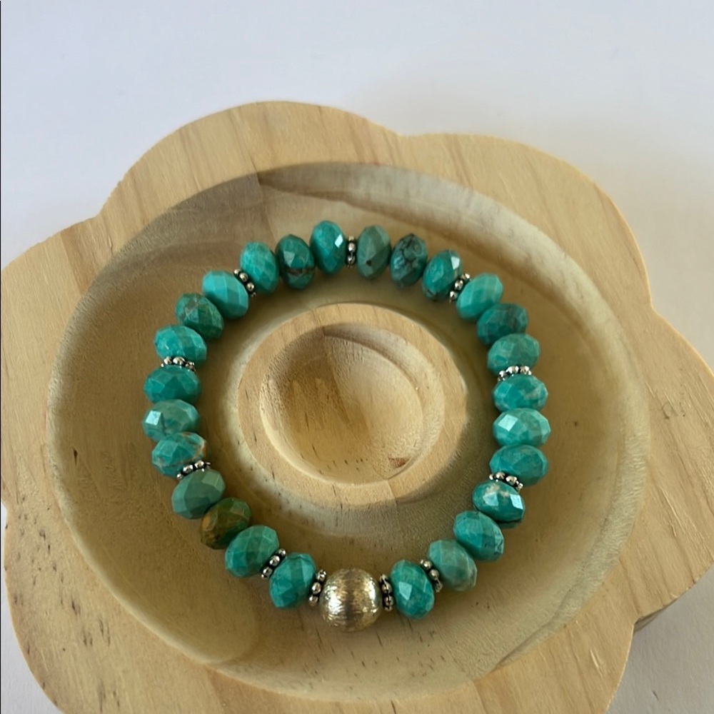 Genuine Turquoise Bead Bracelet w Sterling Matt Bead
